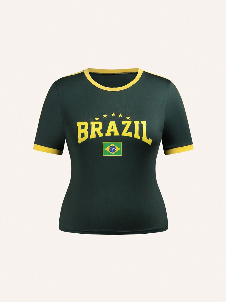 CovetEZ Plus Size Women's Slim Fit Flat Collar Brazilian Flag Printed Short Sleeve T-Shirt - Green - View 5