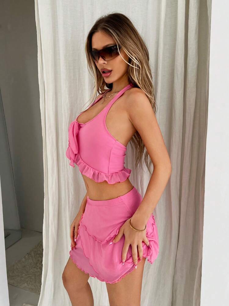 Ruffle Trim Ruched Asymmetrical Hem Mesh Halter Top & Bodycon Skirt