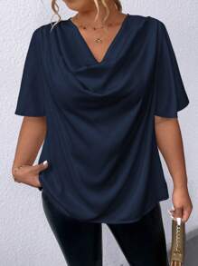 SHEIN Clasi 高級大尺碼長袖純色休閒衫,帶翻領 - 藏蓝色 - 查看 5