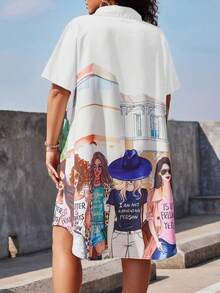 Calvaya 大尺碼卡通印花落肩短袖裙,有翻領款式 - 白色 - 查看 2