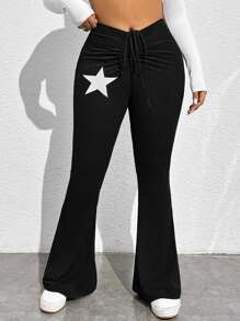 CovetEZ 大码星形印花褶皱喇叭裤，适合休闲穿着 - 黑色 - 查看 3