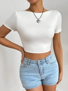 SHEIN EZwear 夏季修身背心扭結打結女性t恤 - 白色 - 查看 5