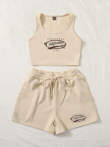 SHEIN EZwear 2 件套女士休闲“CALIFORNIA”图案圆领贴身吊带背心和抽绳腰部紧身短裤，夏季 - 卡其色 - 查看 4