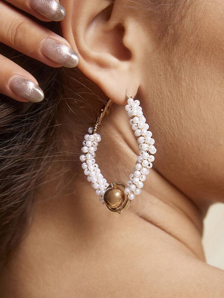 1pair Handmade Pearl Wrapped Ball Earrings