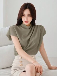 Của phụ nữ Ngắn tay Áo sơ mi Với A Vắt Thiết kế - màu xanh lá - Xem 3