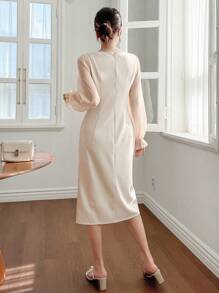 DAZY Váy cổ vuông xẻ tà cao tay bèo, váy dạ hội sinh nhật, váy mùa thu, váy dài tay thanh lịch cho nữ - Màu be - Xem 5