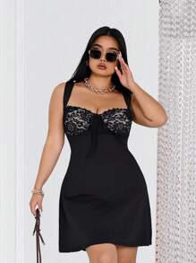 Celure Plus Size Lace Patchwork Dress - Black - View 1