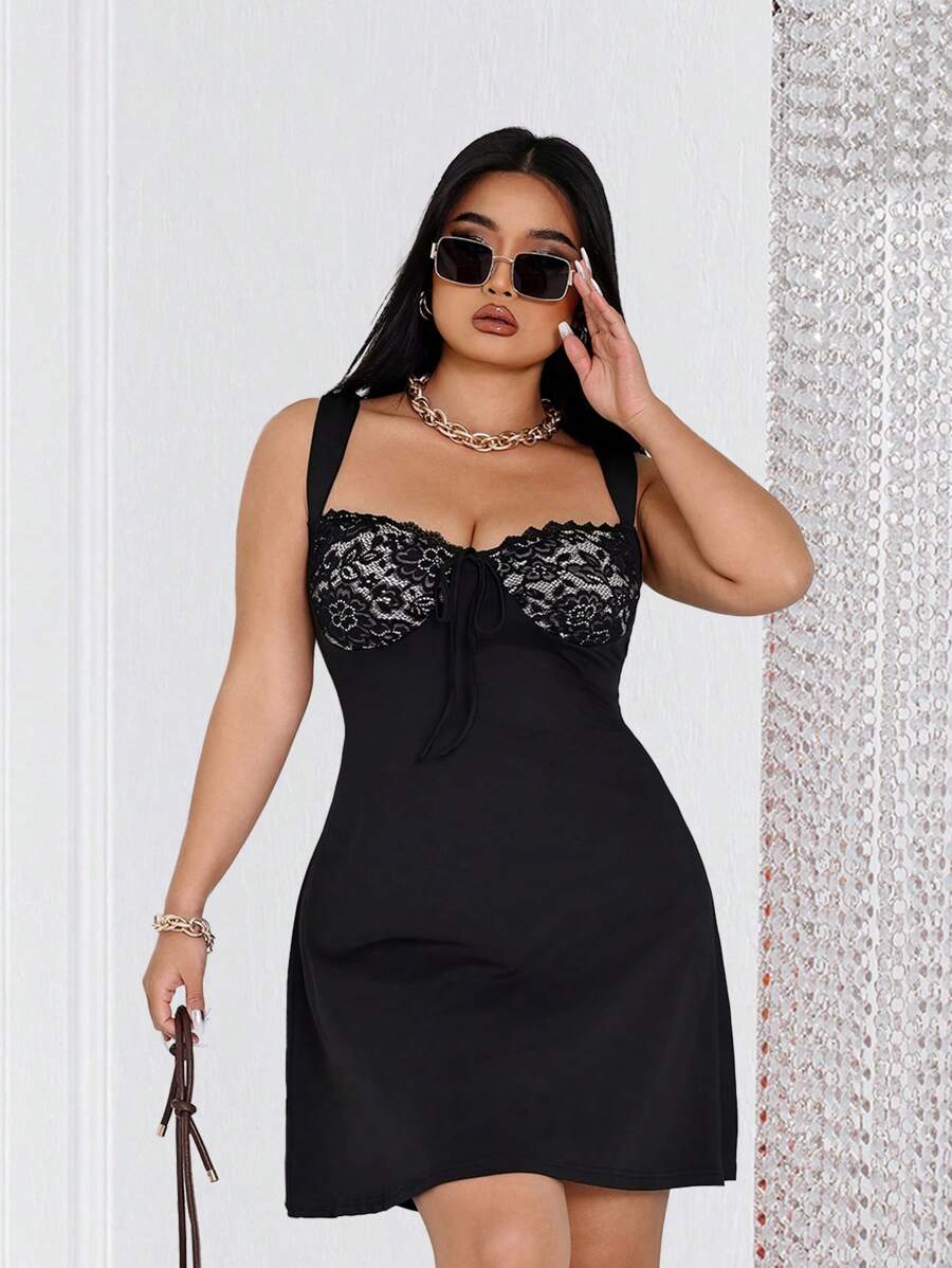 Celure Plus Size Lace Patchwork Dress - Black - View 1