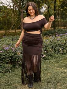 Dreamara Sommer Urlaubsstil, Off-Shoulder Kurzarm Crop Top und Midi Rock mit gefranstem Saum und Patchwork Zweiteiler Set für Damen, Große Größen