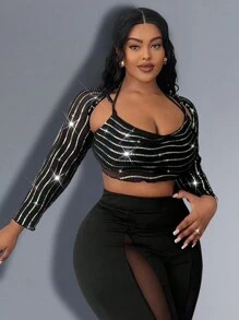 Maweii Tamaño Grande Top Corto De Manga Larga Con Lentejuelas De Malla Y Cuello Halter Para Mujeres - Negro - Ver 6