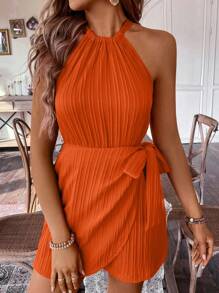 Breezaya 女士夏季純色腰帶連身褲 - 橘色 - 查看 1