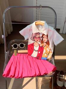 SHEIN 嬰兒女孩休閒街頭風格卡通印花折領上衣和百褶裙套裝，春季/夏季 - 玫紅色 - 查看 5