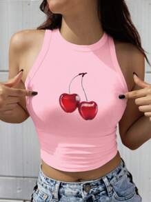 SHEIN EZwear 粉色短款休閒櫻桃圖案圓領修身女背心，適用於夏季 - 粉色 - 查看 1