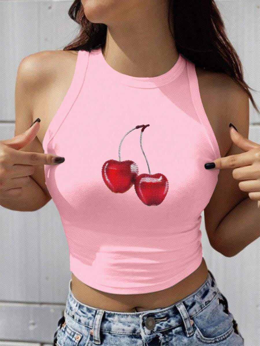 SHEIN EZwear 粉色短款休閒櫻桃圖案圓領修身女背心，適用於夏季 - 粉色 - 查看 1