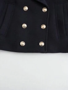 Lapel Double-Breasted Overcoat - Navy Blue - View 4