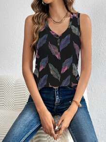 SHEIN LUNE 夏季休閒葉子印花鈕扣半開口坦克頂 - 彩色 - 查看 3