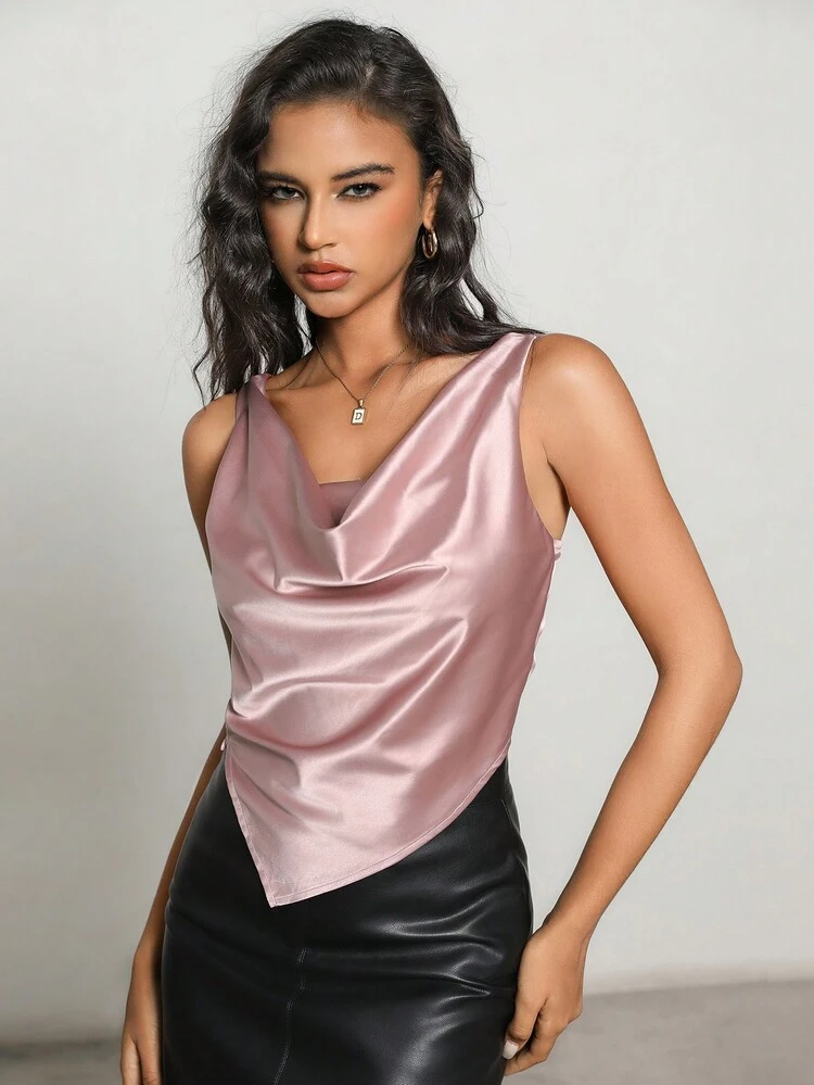 Women's Asymmetrical Hem Turn-Down Collar Satin Sleeveless Shirt For Summer