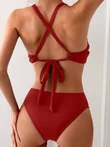 SHEIN Swim 夏季海灘女士純色交叉包裹比基尼套裝，適用於度假 - 紅色 - 查看 2
