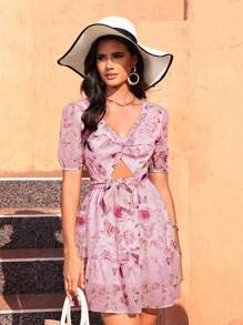 GENKIRA Summer Holiday Random Floral Print Hollow Out Short Sleeve Dress - Pink - View 6