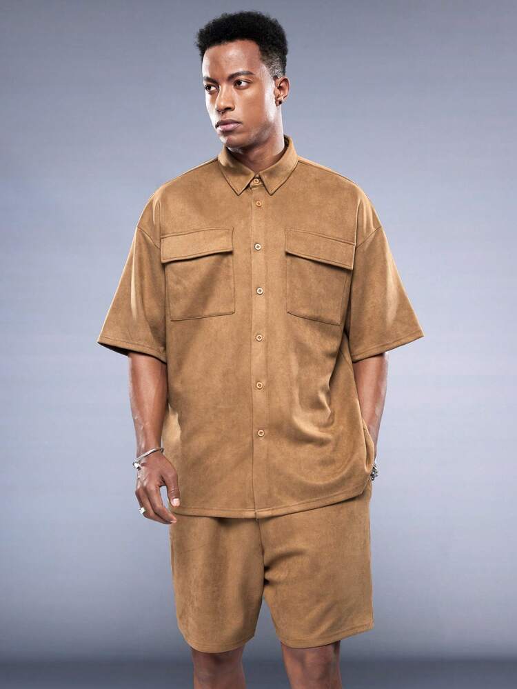 Men's Solid Color Workwear Weave Shirt And Shorts Summer 2pcs Outfit With Pockets