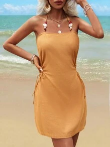 Breezaya Summer Strapless Beaded Splicing Holiday Women's Dress - Yellow - View 6