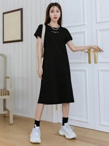 Dazy Designer Ladies' Summer Short Sleeve Round Neck Dress With Letter Print Sundress,Casual Women Dresses