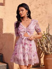 GENKIRA Summer Holiday Random Floral Print Hollow Out Short Sleeve Dress - Pink - View 4