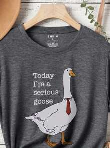 INAWLY Áo thun ngắn tay in họa tiết hình con vịt hoạt hình có khẩu hiệu, cổ tròn Hôm nay tôi là một con ngỗng nghiêm túc - Màu xám đen - Xem 4