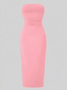 Chiquease Ladies' 2pcs Solid Color Pencil Dress With Pleated Bust Maxi Women Outfit - Pink - View 4