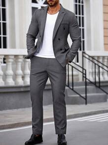 Manfinity Mode Men'S Double-Breasted Suit Set With Lapel Collar - Dark Grey - View 5