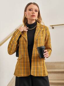 SHE(IN) BRASIL 1pc Plaid Print Lapel Neck Blazer - Yellow - View 5