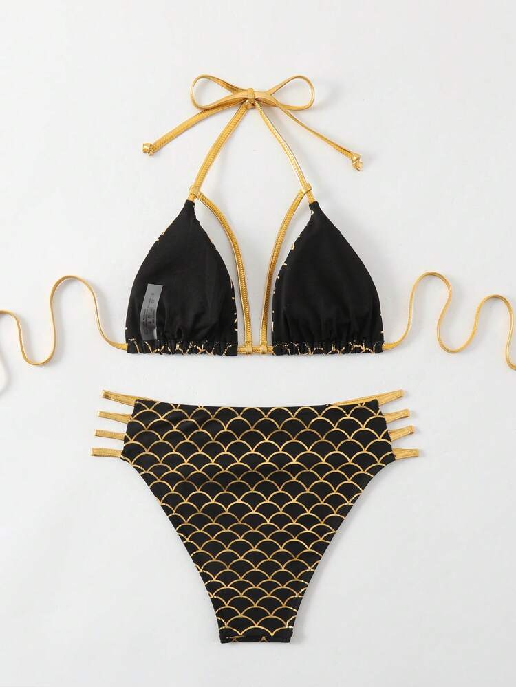 Women's Mermaid Scale Printed Halter Neck Bikini Set Summer Beach