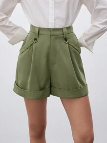 SHEIN Unity 女士實色鈕扣口袋短褲 - 軍綠色 - 查看 10