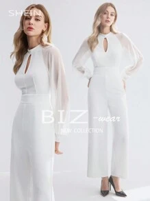 BizChic Women's Keyhole Collar See-Through Mesh Raglan Long Sleeve Jumpsuit - White - View 1