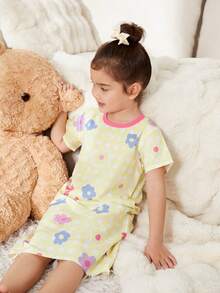 年輕少女可愛的方格紋短袖睡衣連花印圓領設計 - 黃色 - 查看 6