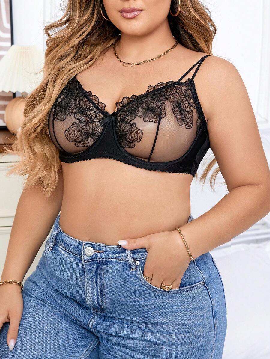 Plus Size Elegant Mesh Embroidery Underwire Design Bra (1pc) Lingerie