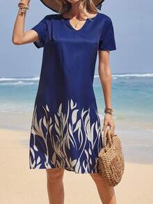 EMERY ROSE Women's Vacation Plant Printed V-Neck Short Sleeve Dress With Notched Collar Blue Dress - Blue - View 4