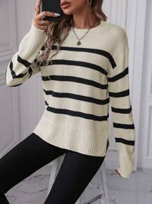 EMERY ROSE 女士時尚黑白條紋長袖套頭毛衣