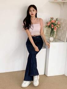 DAZY 女式夏季圆领网眼短袖透明上衣，返校服装 - 粉色 - 查看 6