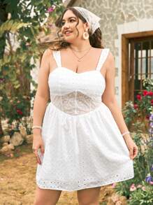 Dreamara White Embroidered Texture Fabric, Waistband Lace, Romantic Vacation, Plus Size Women's Summer Princess Style A-Line Dress With Flutter Sleeves Corset Dress Party Women Dresses Women Dresses Short Formal Dress Birthday Teens Dress White Midi Dress Pleated Dress Spring Dress Junior Dresses White Women Outfits Embroidered Country Concert Embroidered Lace Romantic Vacation Pleated Dress