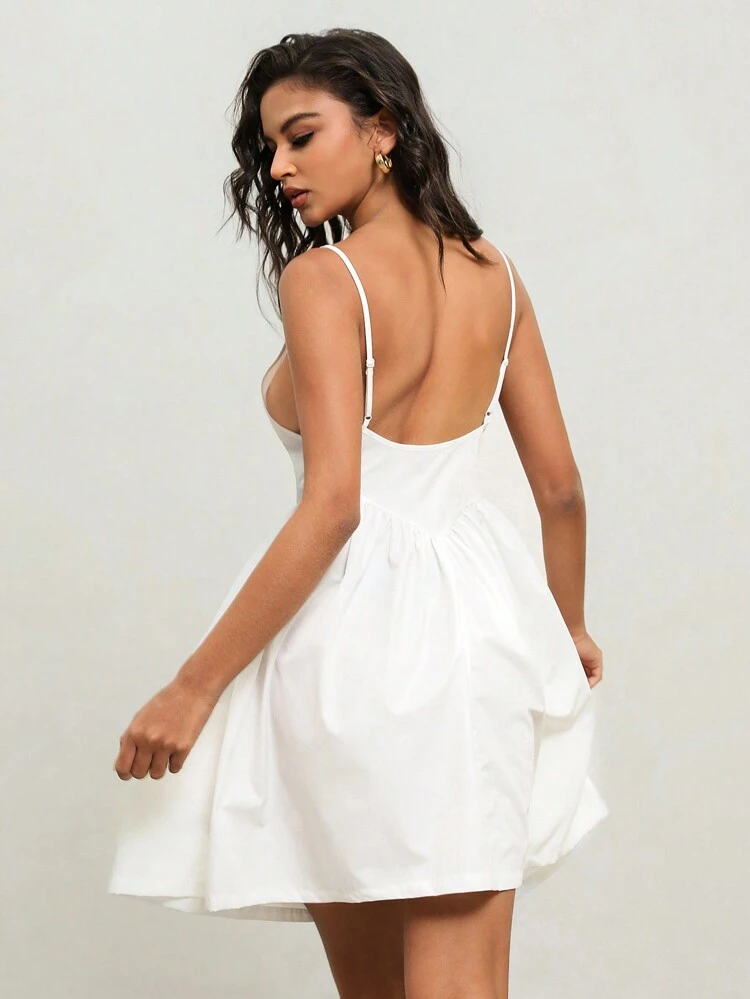 Casual Vacation Style Backless Cami Dress With Cinching Waist For Summer