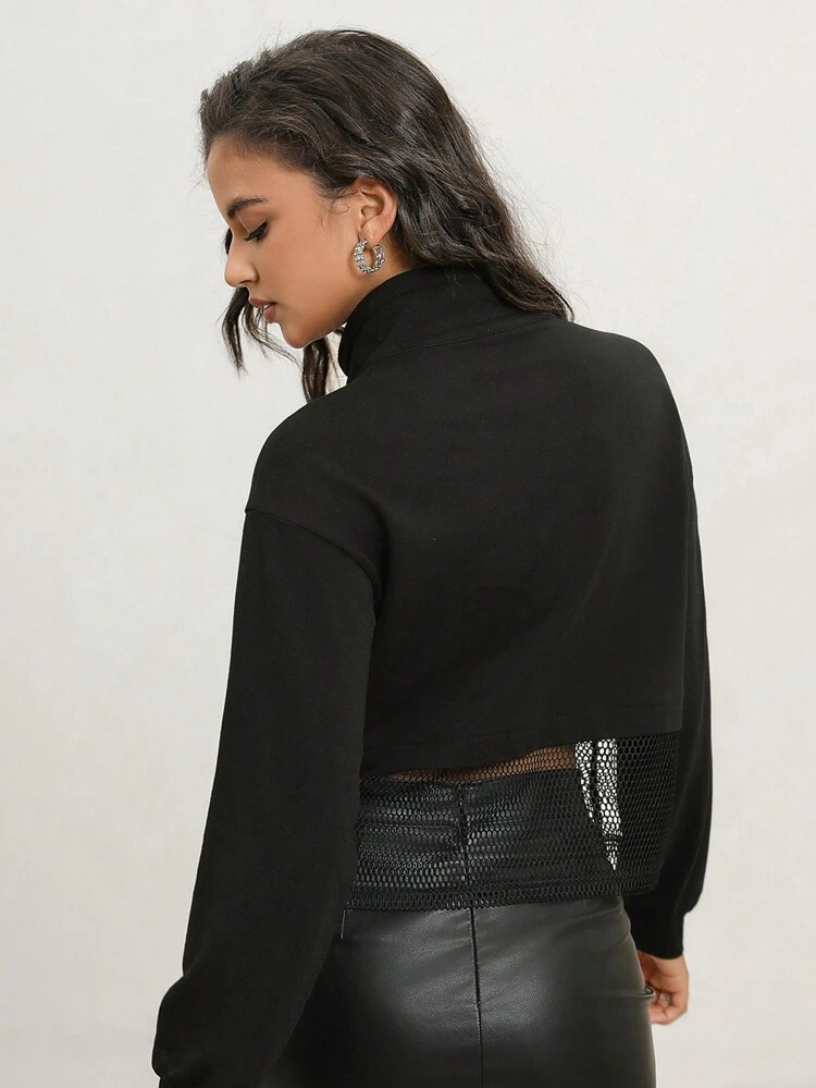 Women's Spring/Fall Drop Shoulder Long Sleeve Cropped Zipper Hoodie With Half Placket Pullover