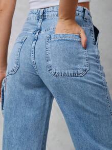 SHEIN 破洞直筒牛仔褲 - 藍色 - 查看 5