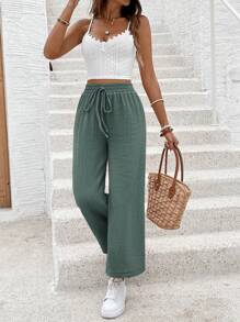 SHEIN Frenchy Ladies' Summer Contrast Lace Crop Top With Spaghetti Strap And Pants Casual Two-Piece Set Green - Dark Green - View 7