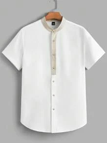 Manfinity Homme Men's Summer Standing Collar Color Block Woven Short Sleeve Shirt - White - View 1