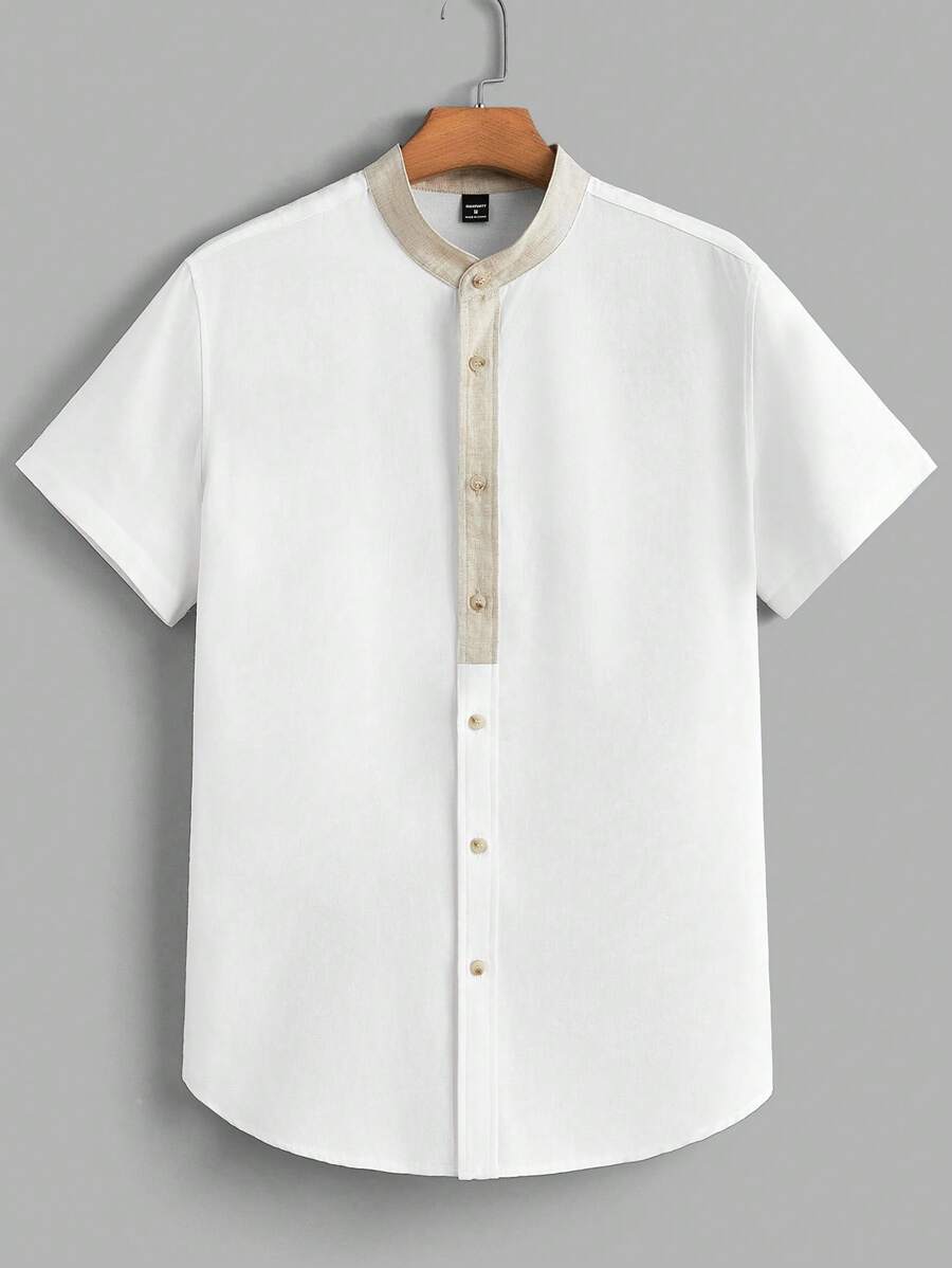 Manfinity Homme Men's Summer Standing Collar Color Block Woven Short Sleeve Shirt - White - View 1