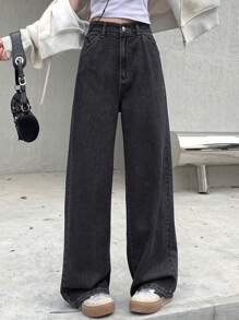 Dazy Designer Women's Solid Color Zipper Fly Wide Leg Denim Pants