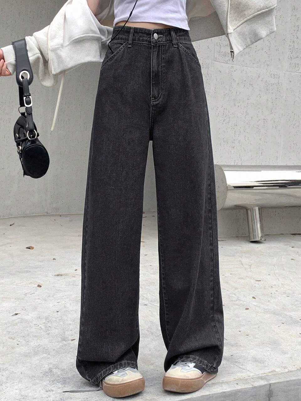 Women's Solid Color Zipper Fly Wide Leg Denim Pants Women Jeans
