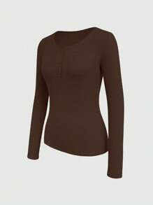 INAWLY Camiseta ajustada de punto con botones de media tapeta, manga larga de punto acanalado para mujer de primavera/verano - Marrón - Ver 4