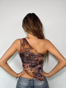 SHEIN ICON 修身Y2K不对称领口蝴蝶图案做旧印花网纱不对称下摆女式上衣，适合夏季外出、乡村音乐会、音乐节等场合。 - 彩色 - 查看 2